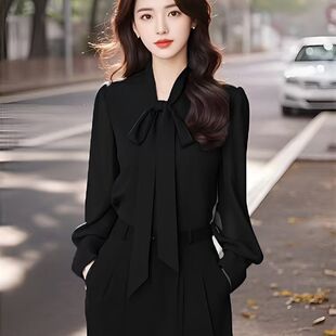 蝴蝶结黑色2026春秋新款长袖雪纺衬衣职业飘带气质高级感女士衬衫