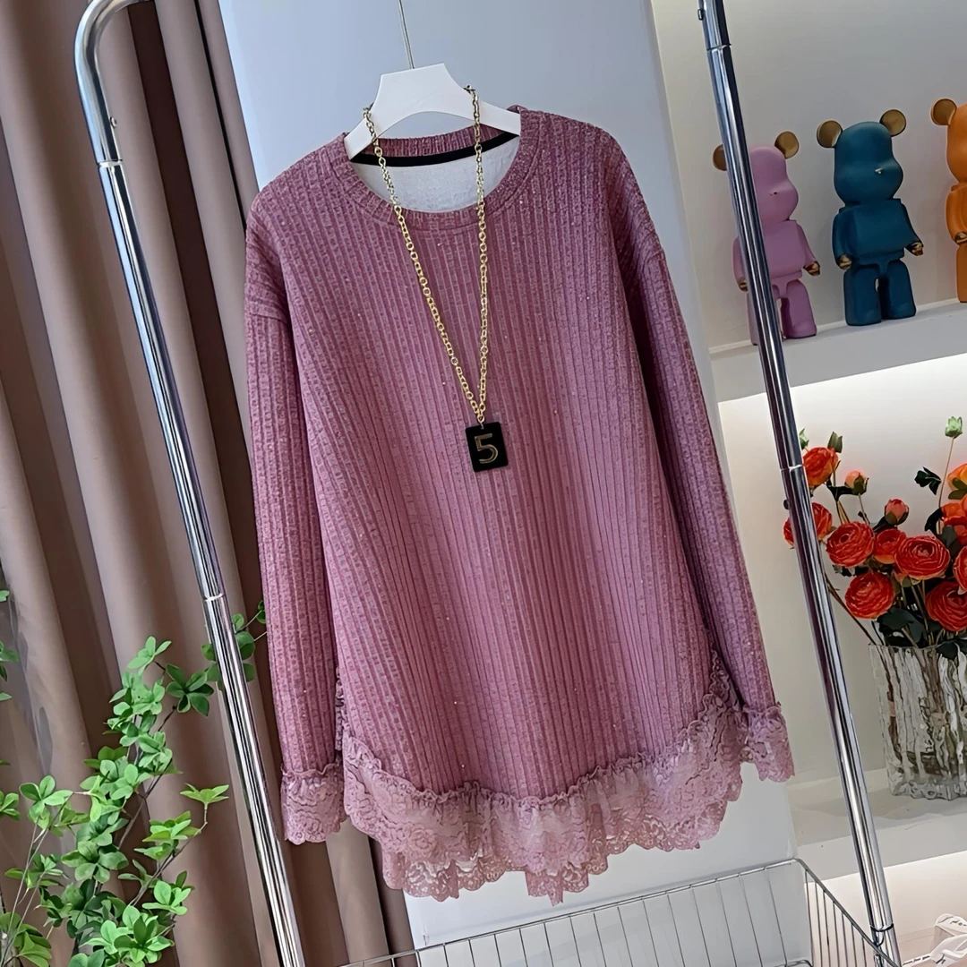 2025秋季新款蕾丝边设计加绒加厚宽松显瘦休闲大版中长款卫衣潮