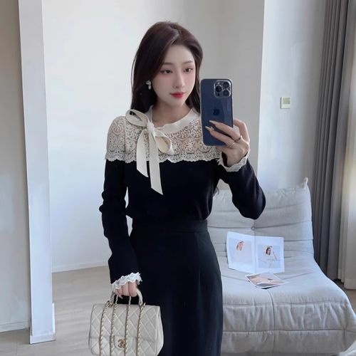 韩版蕾丝拼接蝴蝶结系带针织衫女法式秋冬新款修身内搭打底衫上衣