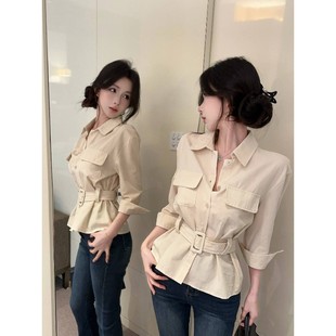 辣妹时尚 港味时尚 新款 腰带显瘦衬衣秋季 上衣女 POLO领设计感七分袖