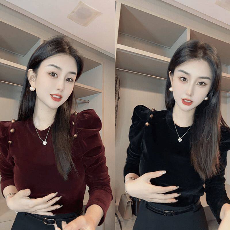 半高领金丝绒金扣打底衫女今年流行秋冬新款修身显瘦内搭t恤上衣