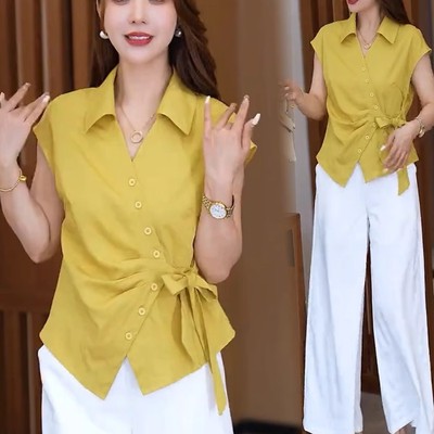 设计感短袖衬衫女夏季2025新款时尚洋气百搭小个子不规则收腰上衣
