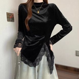 大码胖mm秋季新款蕾丝拼接不规则下摆正肩T恤金丝绒长袖收腰上衣