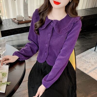 显瘦气质灯芯绒衬衫女士秋冬短款设计感小众洋气减龄内搭打底上衣