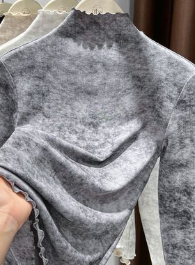 木耳边半高领打底衫女2025秋冬内搭中领洋气烟灰色扎染上衣高级感