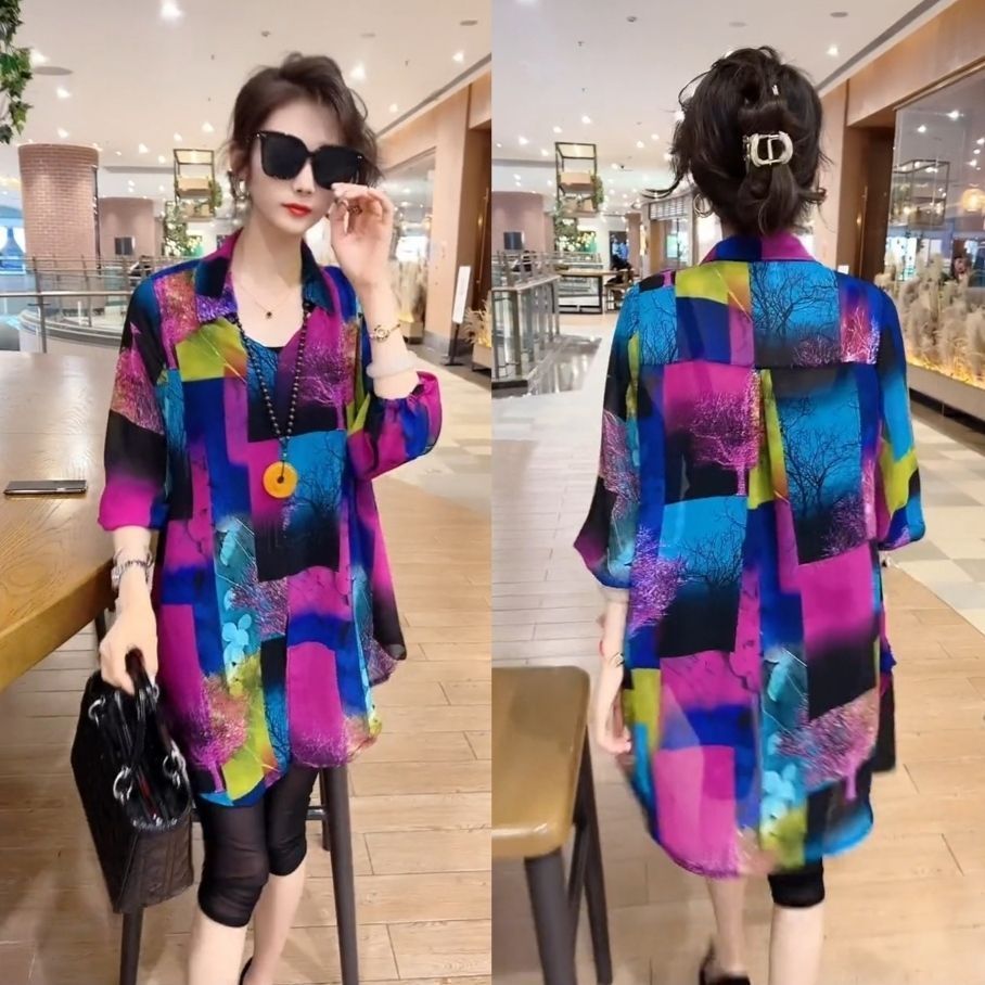 雪纺衬衫女2025夏中长款防晒雪纺衫垂坠感气质高档外穿遮肚子上衣