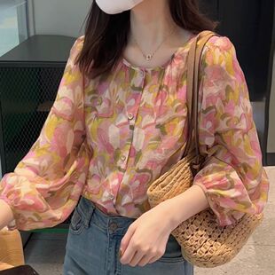 设计感真丝灯笼袖印花衬衫女秋季气质百搭宽松显瘦雪纺圆领上衣潮