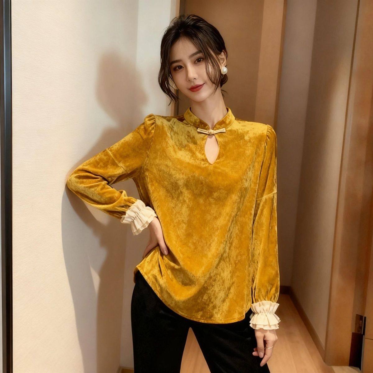 新中式国风盘扣丝绒长袖衬衫女2025新款秋冬花边拼接衬衣内搭上衣