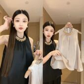 夏季 气质名媛钉钻无袖 挂脖设计感上衣女高级感轻奢减龄洋气雪纺衫