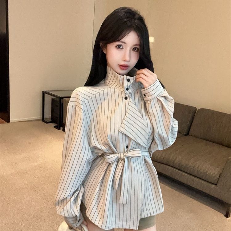 韩版绑带收腰条纹衬衫女2025秋季新款洋气设计感小众显瘦长袖上衣