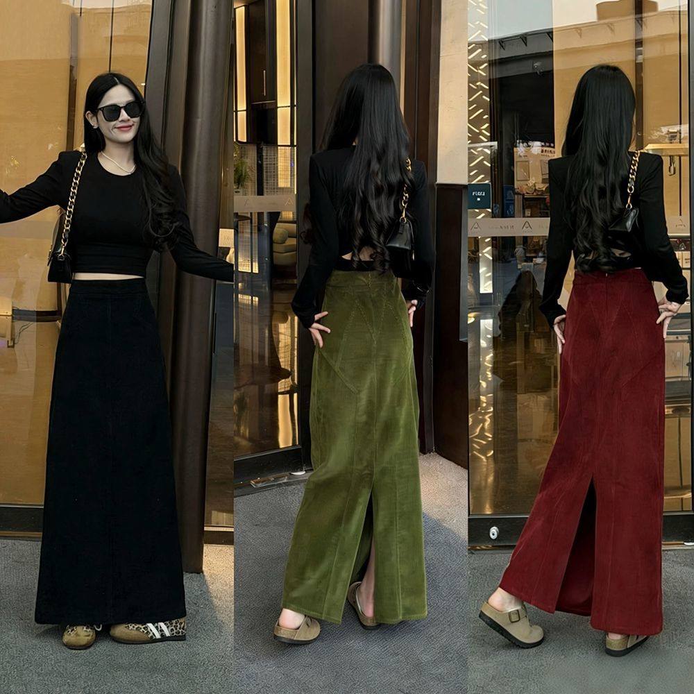 欧货高端红色灯芯绒半身裙女2025秋冬季新款加厚通勤a字开叉长裙,女装/女士精品,大码半身裙,淘宝优惠券,粉丝福利购,淘宝优惠卷