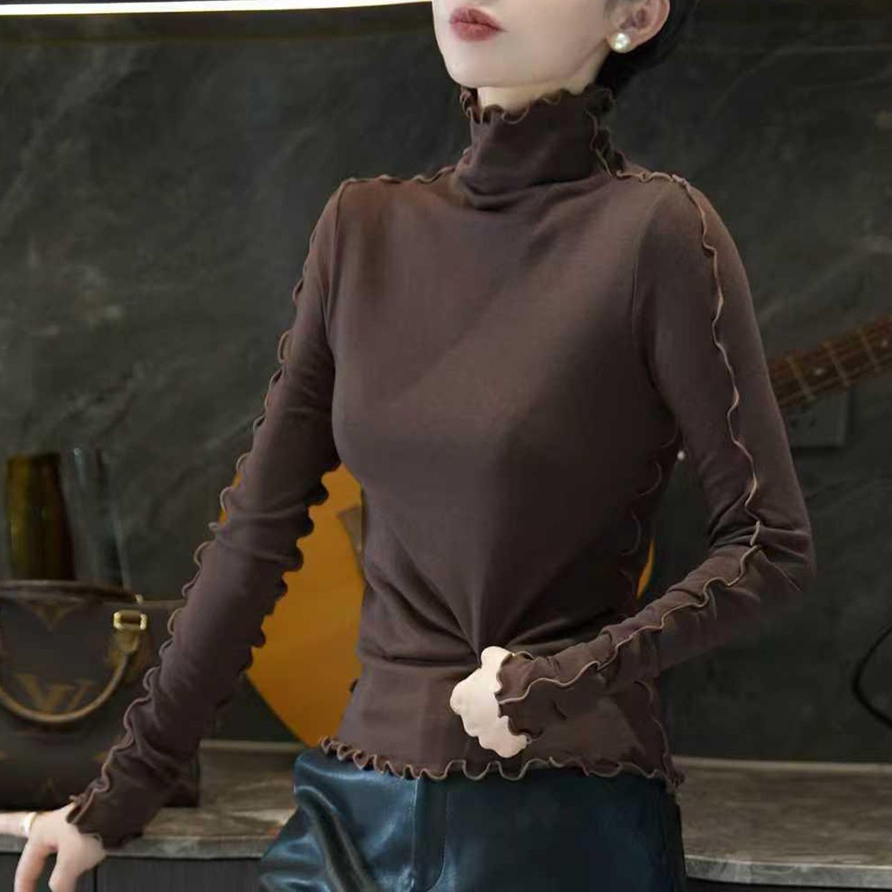 高领长袖打底衫女2025秋冬新款大码胖MM设计感显瘦修身内搭上衣潮