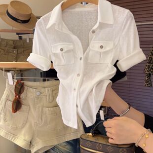 高智感白色polo领短袖衬衫女夏季轻熟风气质修身收腰显瘦V领上衣