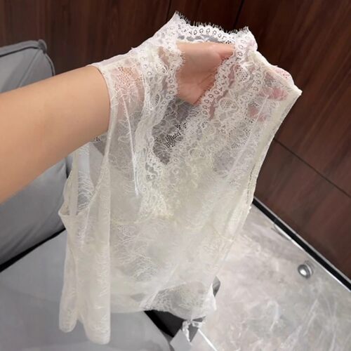 十三行法式温柔风百搭无袖蕾丝背心女早春装高级性感V领防晒上衣