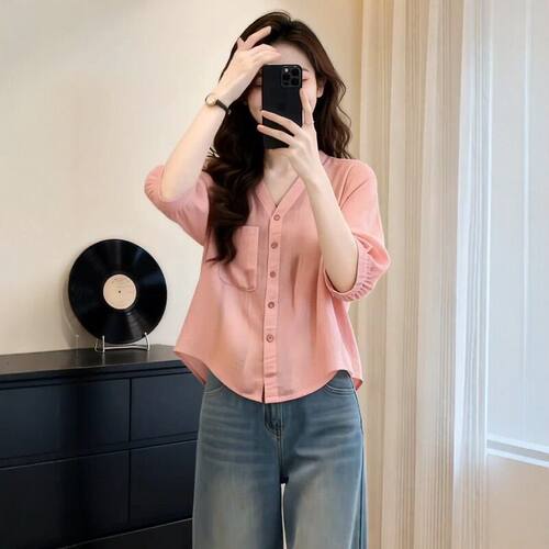 法式V领七分袖衬衫女夏季2026新款大码胖mm显瘦气质减龄小衫衬衣