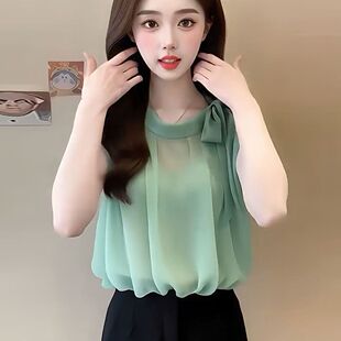 绿色蝴蝶结绑带背心衬衫女款2026夏季设计感小众显瘦气质雪纺上衣