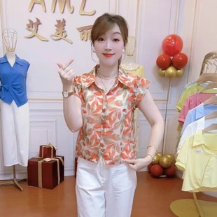 女2025夏季 新款 洋氣短袖 小個(gè)子遮肉顯瘦碎花雪紡衫 上衣潮 襯衫 時(shí)尚