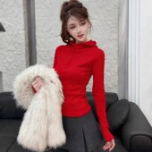 磨毛薄绒长袖 中国红女装 白色加绒叠穿拉链连帽衫 T恤内搭上衣打底