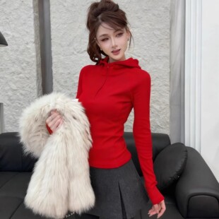 中国红女装白色加绒叠穿拉链连帽衫磨毛薄绒长袖T恤内搭上衣打底