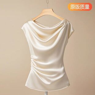 优雅一字领缎面短袖t恤女2026夏季新款收腰显瘦纯色气质高档小衫