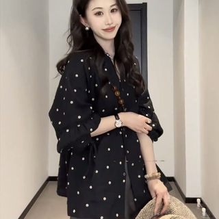 极简风度亚麻小众洋气灯笼袖时尚黑色宽松防晒波点长袖衬衫女上衣