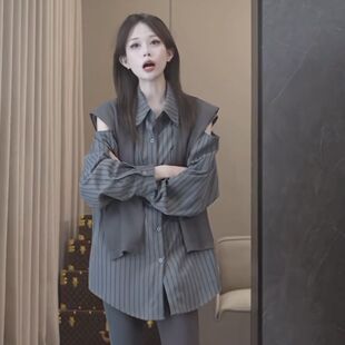 欧货重磅灰色大翻领露肩条纹衬衫高级设计感轻奢减龄洋气早秋上衣