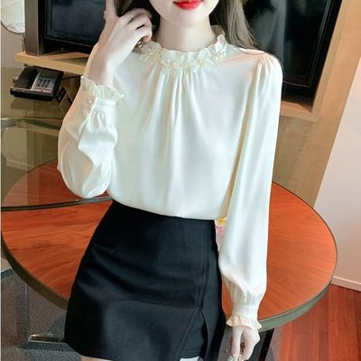 欧货洋气质花边显瘦打底衫秋装2025春秋款雪纺上衣女长袖衬衫减龄