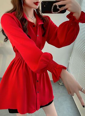 红色风情万种的衬衫名媛收腰中长款衬衣女纯色喇叭袖雪纺衫上衣秋