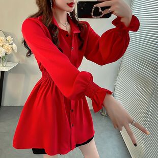 雪纺衫 红色风情万种 衬衣女纯色喇叭袖 名媛收腰中长款 上衣秋 衬衫
