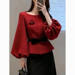 圣诞新年红色小香风外套女冬季新款名媛风气质高端灯笼袖收腰上衣