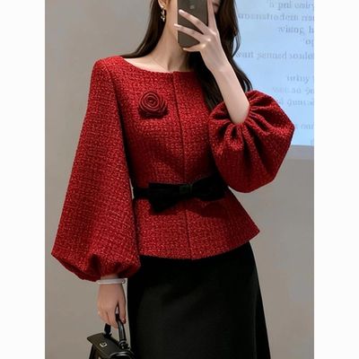 圣诞新年红色小香风外套女冬季新款名媛风气质高端灯笼袖收腰上衣