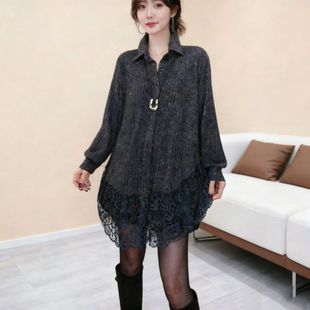 欧货韩系蕾丝花边拼接亮闪闪上衣大码别致独特超好看翻领衬衫