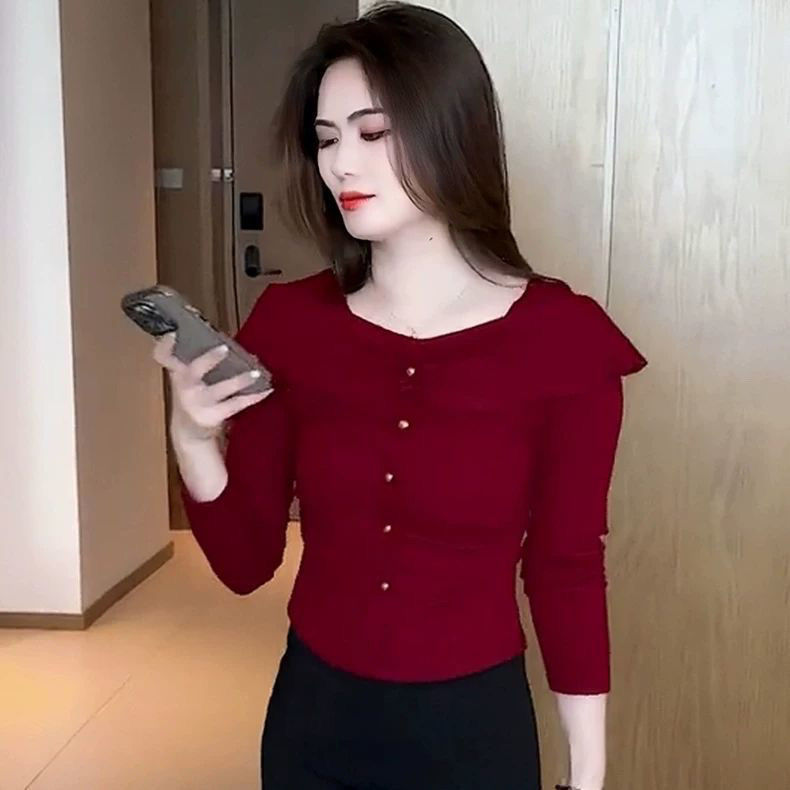 设计感时尚长袖T恤女洋气一字肩小衫早秋别致短上衣修身减龄体恤