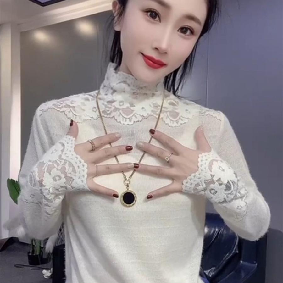 2025秋冬新款气质洋气蕾丝拼接高领毛针织衫女法式修身打底上衣潮