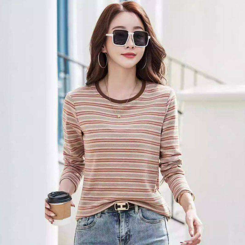 秋冬新款条纹长袖圆领t恤女百搭洋气宽松纯棉打底衫秋衣内搭上衣