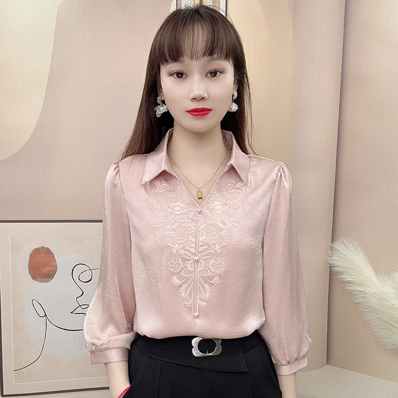 刺绣衬衫女高端2025春季新款洋气显瘦七分袖衬衣宽松百搭减龄上衣