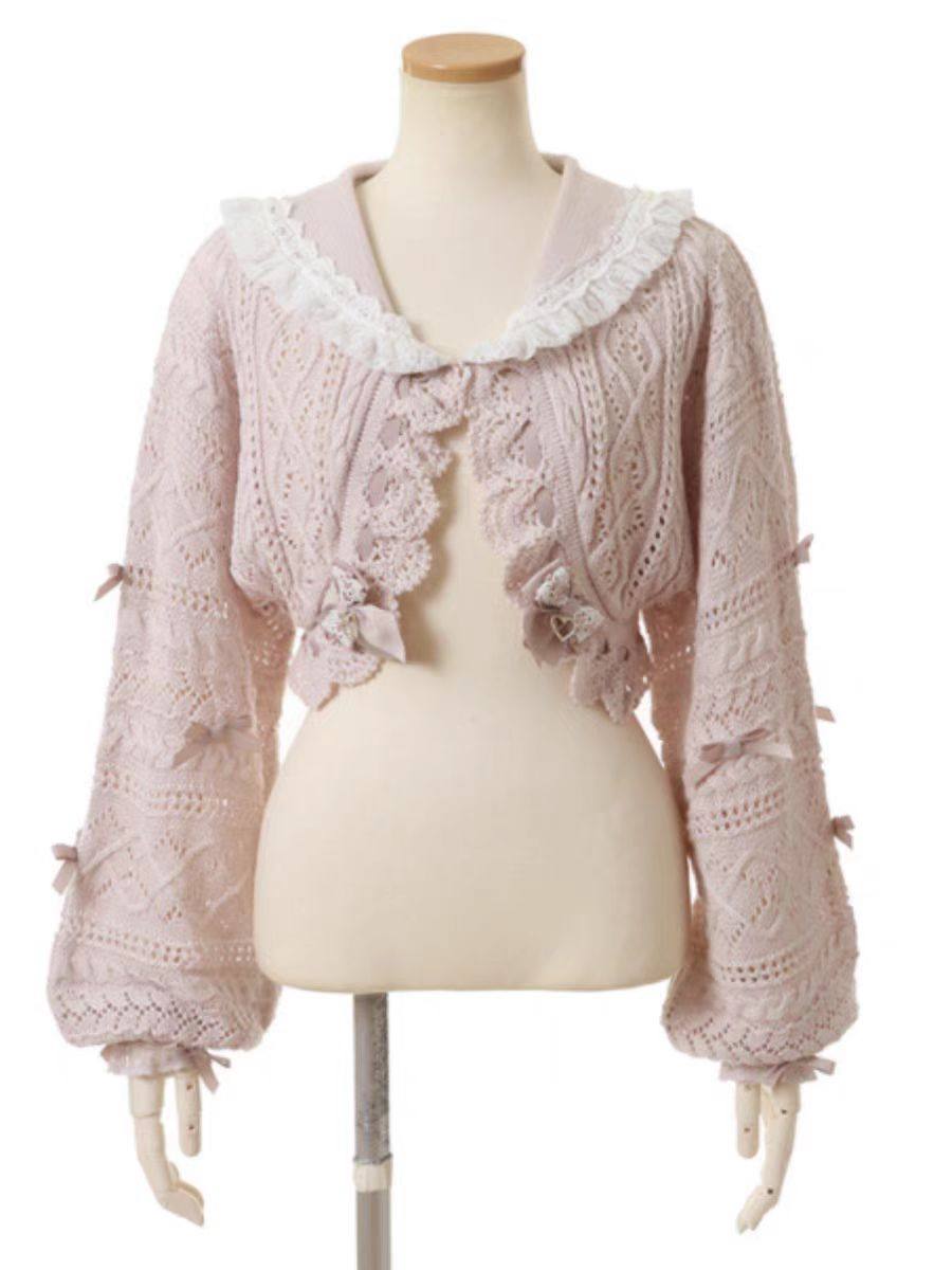 thumbnail for Spot hair Japanese autumn hand crochet flower sweet girl balloon sleeve cutout small cardigan