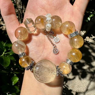 有钱又有爱｜16+mm蜜糖黄胶花 枫叶胶花 黄水晶财神扎基拉姆手串