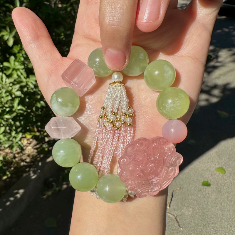 正缘贵人｜16mm老矿葡萄肉岫玉 草莓晶九尾狐 粉晶 盐源 流苏手串