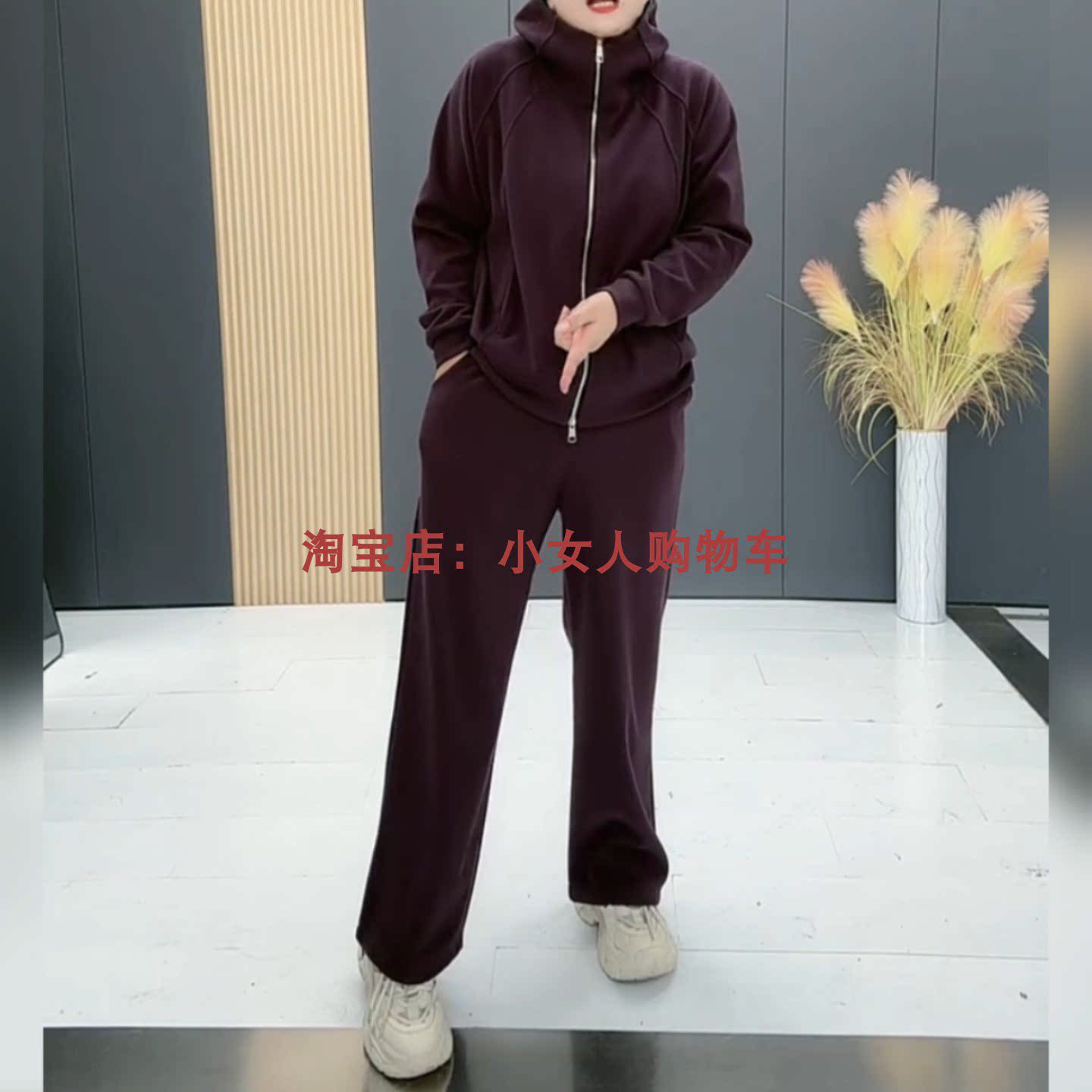 秋季加厚纯色连帽长袖拉链外套直筒裤运动套装加肥大码时尚套装女