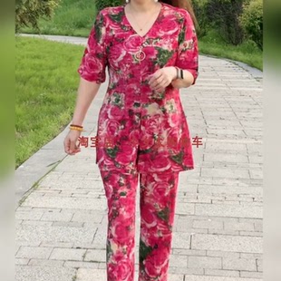 玫瑰花V领短袖中长款上衣七分裤两件套夏季超薄透气速干中年套装