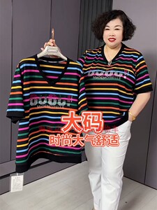 加肥大码中老年妈妈条纹圆领T恤短袖春夏新款时髦洋气百搭上衣女