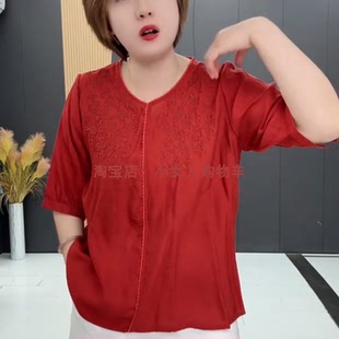 夏季超薄透气纯色提花棉麻上衣加肥大码V领七分袖减龄中年T恤衫女
