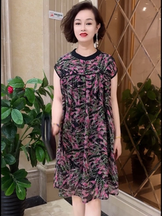 中年妈妈雪纺连衣裙圆领短袖 宽松遮肚轻薄透气夏季 新款 中长裙女装