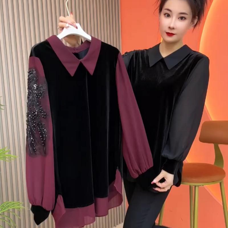 金丝绒拼接雪纺袖中长款大码女装