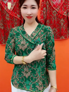 春夏新款唐装复古盘扣时尚碎花透气洋气中老年妈妈宽松百搭上衣女