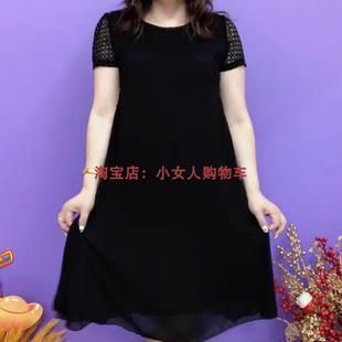 圆领网纱短袖拼接纯色遮肉连衣裙时尚舒适休闲减龄中年妈妈连衣裙