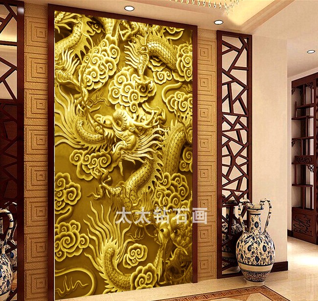 中式屏风隔断DIY方钻满贴钻钻石画十字绣5D立体浮雕祥云金龙玄关