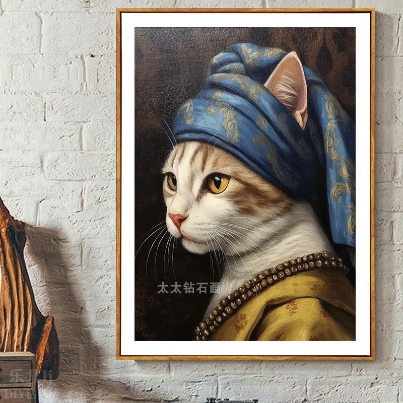 DIY方钻满钻贴钻钻石画钻石绣带钻套件戴蓝色头巾黄色衣服的猫咪