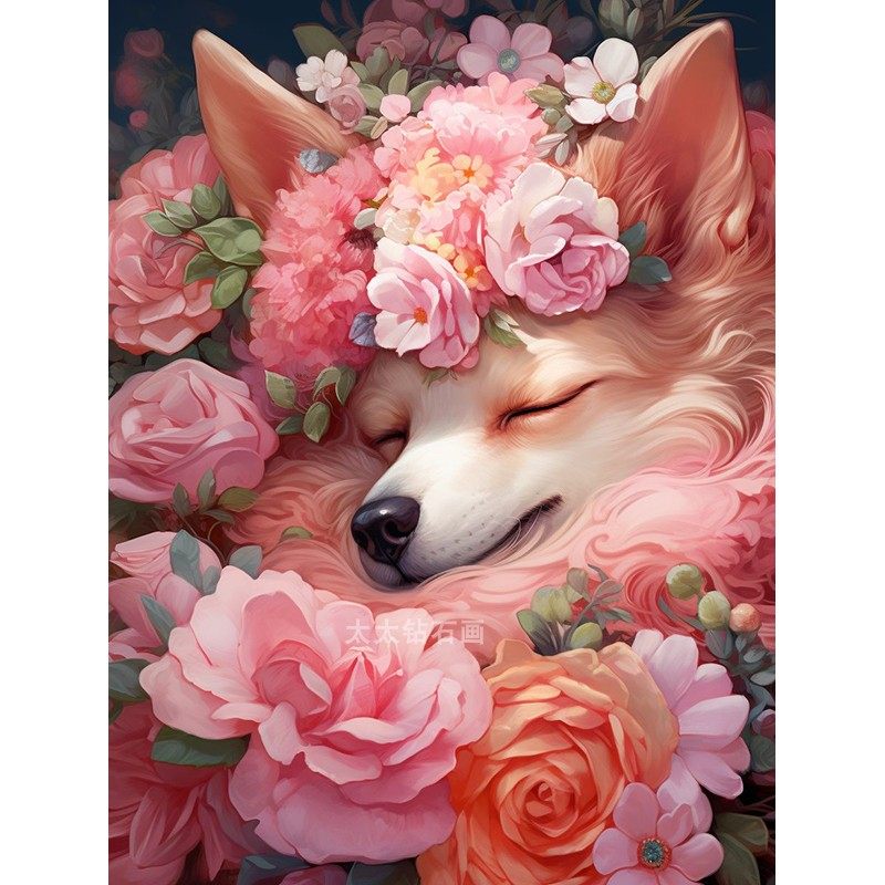 狗年生肖DIY方钻满钻钻石画牡丹花丛中的狗狗贴钻点钻十字绣带钻